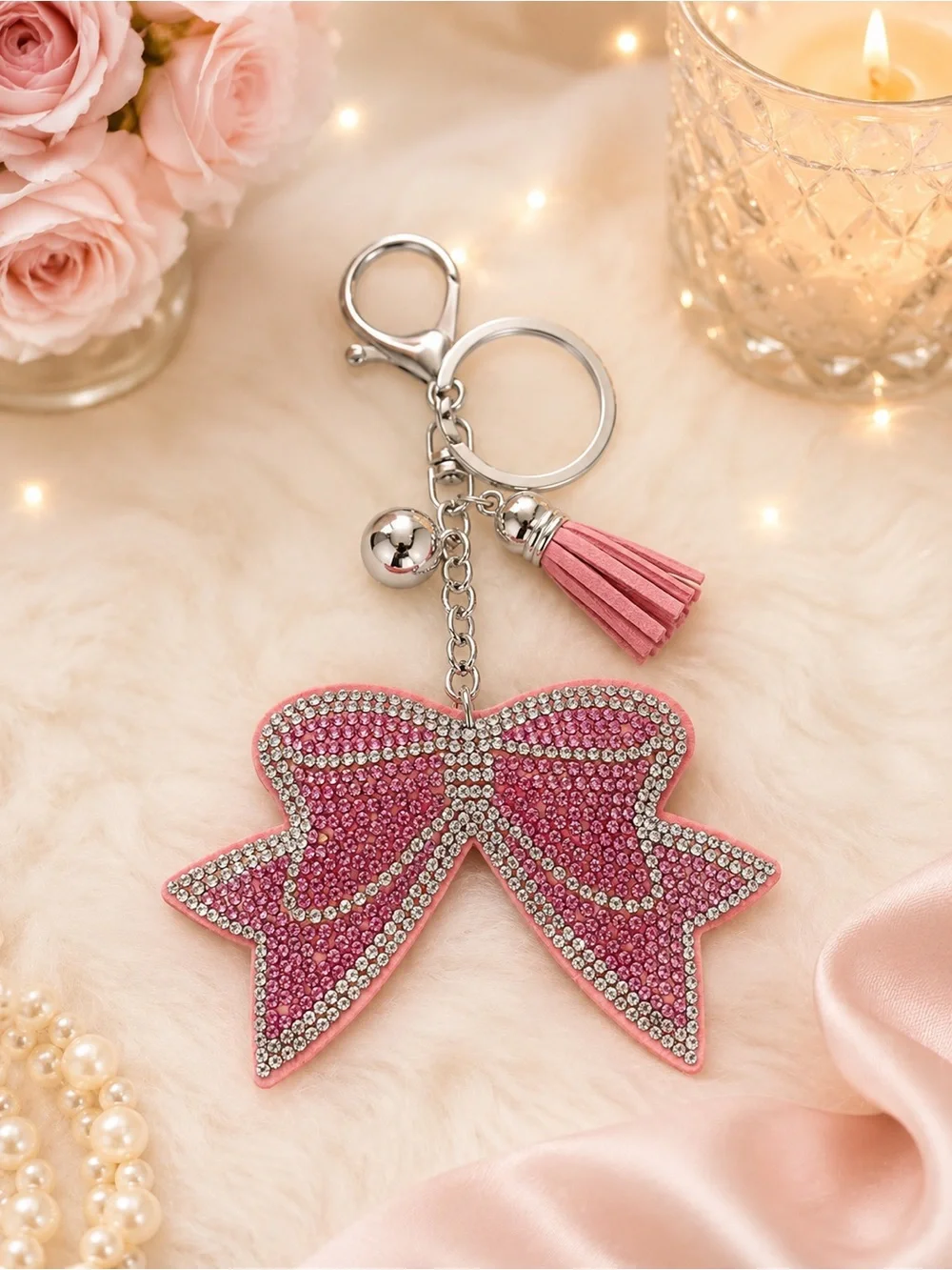 Pink Rhinestone Bow Bag Charm Keychain Purse Charm Bling Tassel Gift